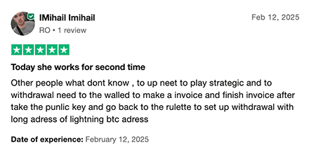 review 1 for the Lightning Roulette Slot Game from TrustPilot